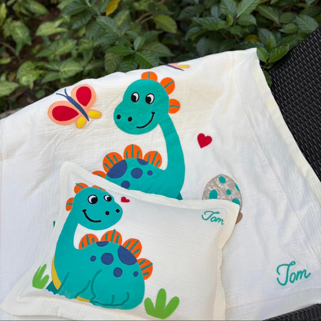 Personalized Friendly Dino Muslin Pillow | Custom Name Dinosaur-Themed Toddler Bedding
