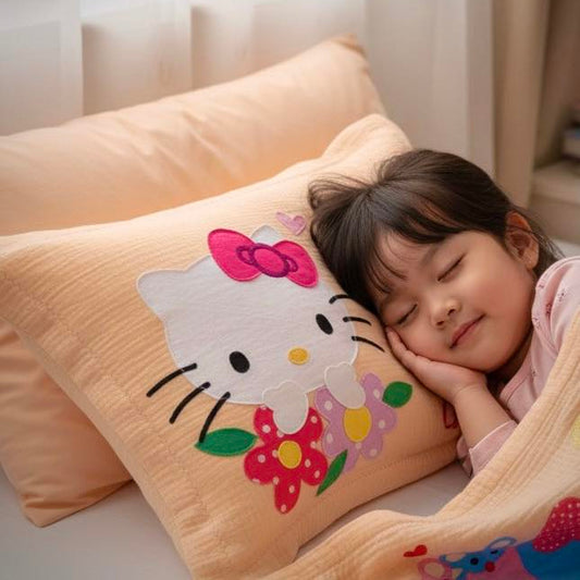 Personalized Iconic Kitty Muslin Pillow | Custom Name Bow Cat Toddler Bedding