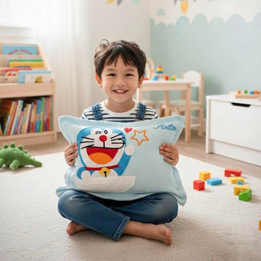 Personalized Happy Robot Cat Muslin Pillow | Custom Name Anime-Inspired Nursery Bedding