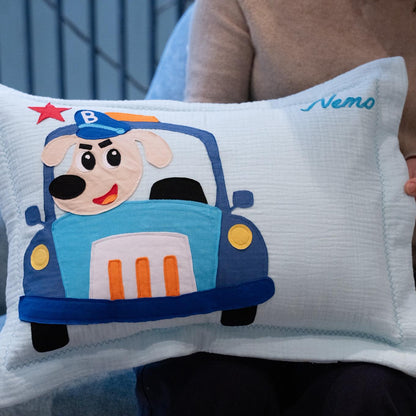 Personalized Little Driver Muslin Pillow | Custom Name Puppy in Car Toddler Bedding
