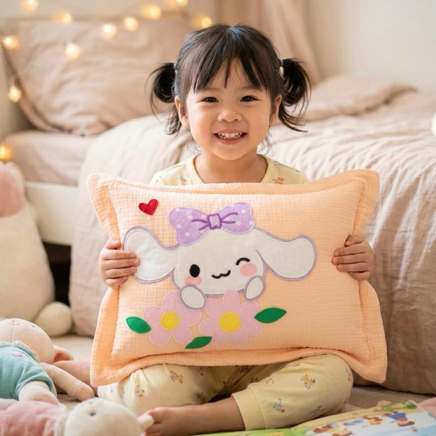 Personalized Sweet Puppy Muslin Pillow | Custom Name Kawaii-Inspired Nursery Bedding
