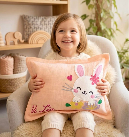 Personalized Sweet Bunny Muslin Pillow | Custom Name Floral Rabbit Nursery Bedding