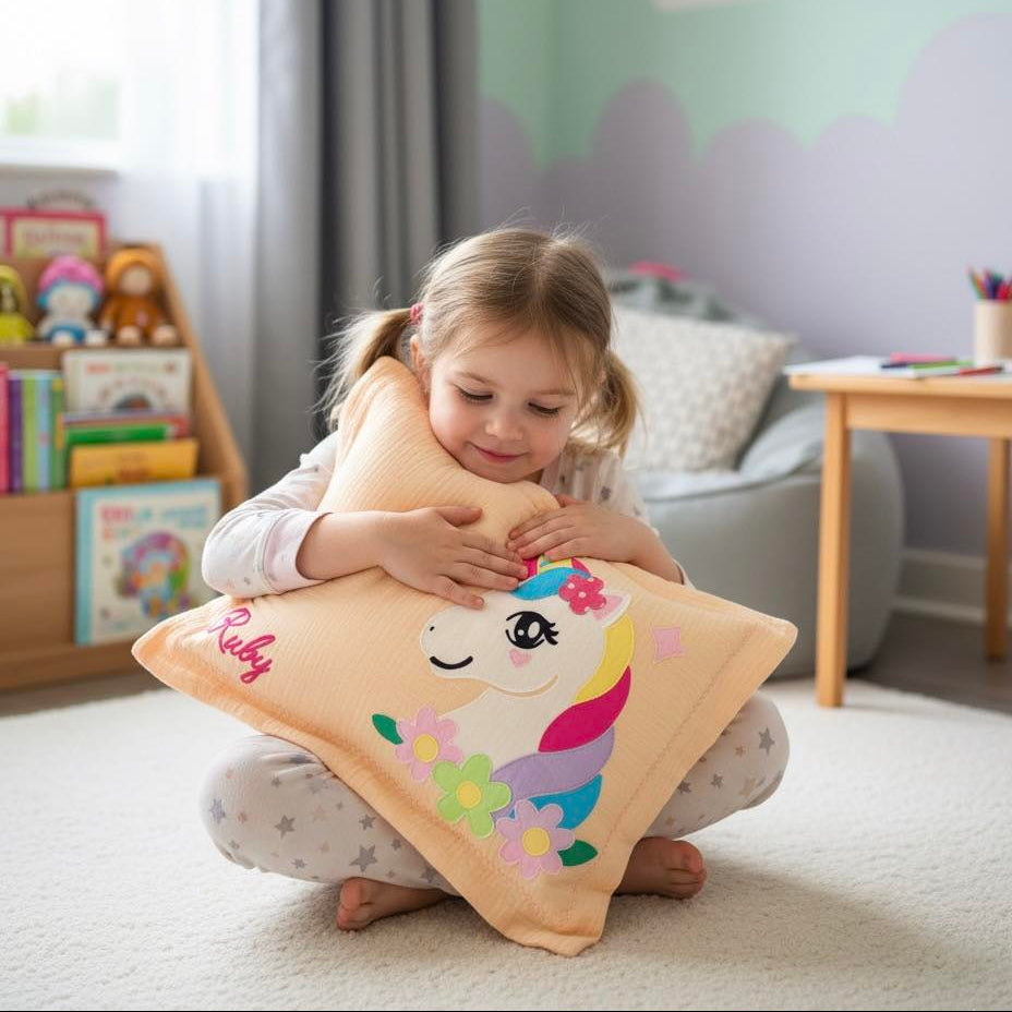 Personalized Enchanted Unicorn Muslin Pillow | Custom Name Magic-Themed Nursery Bedding