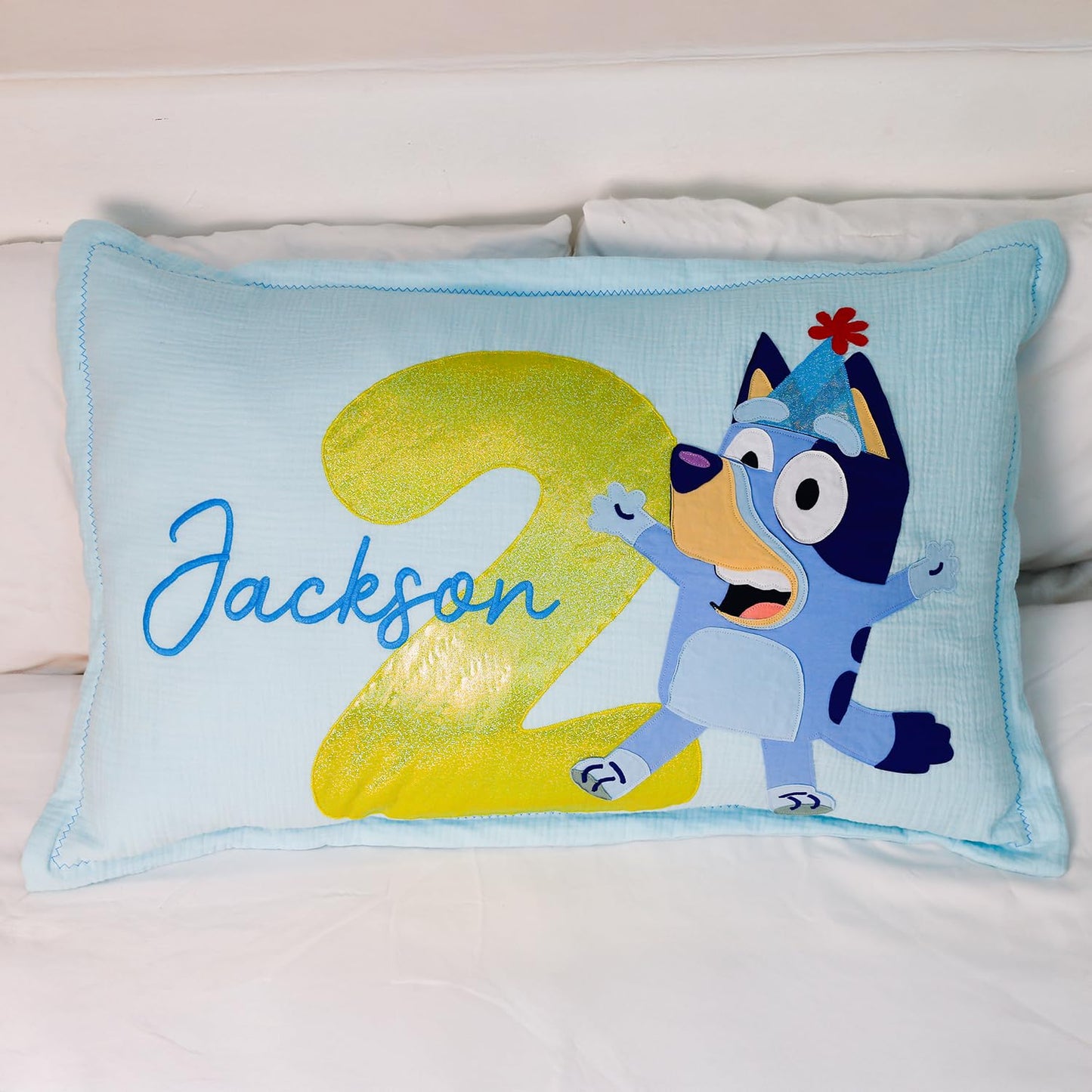 Blue Dog Character Personalized Organic Muslin Pillowcase