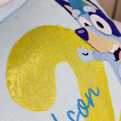 Blue Dog Character Personalized Organic Muslin Pillowcase