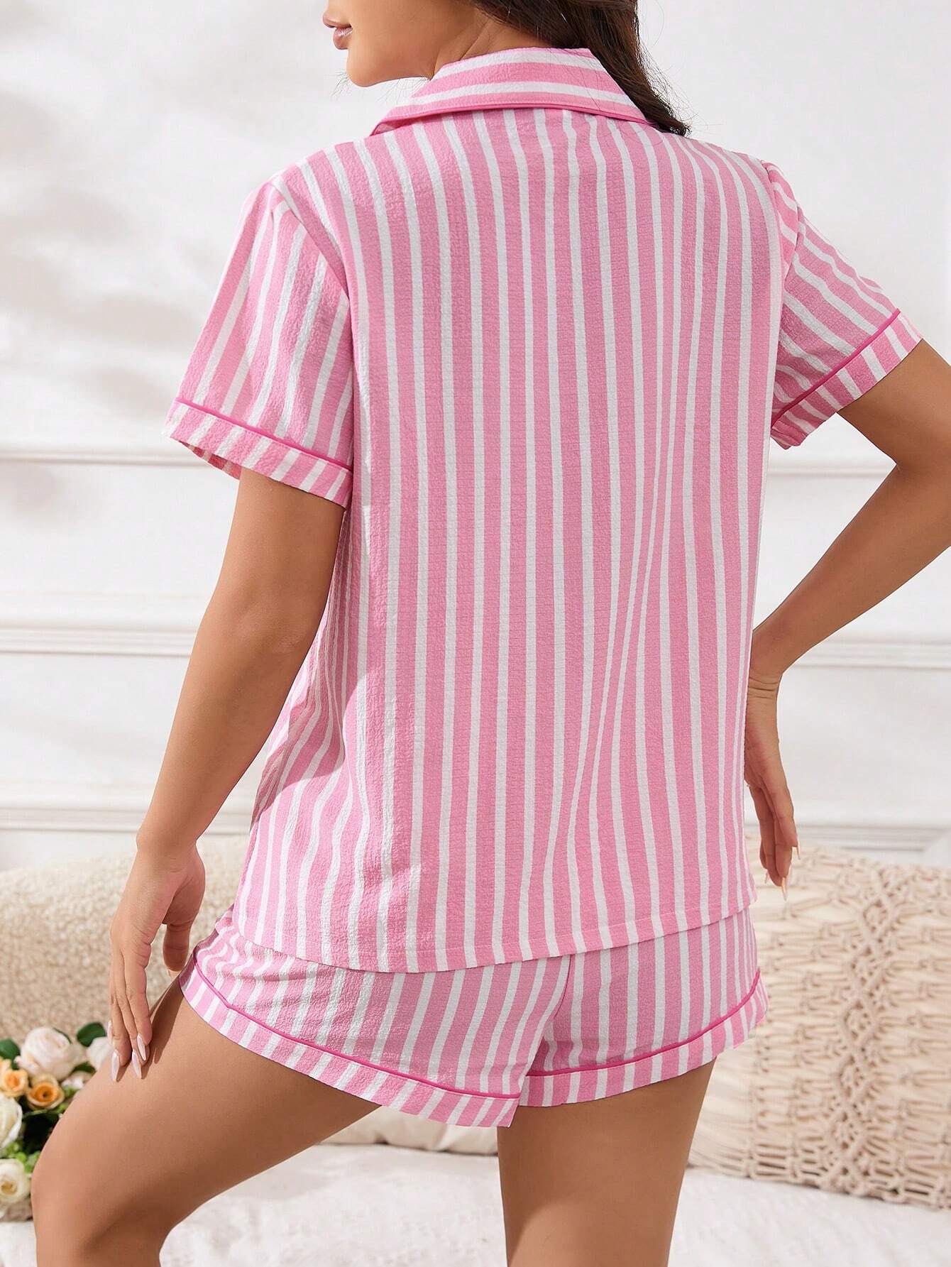 Striped Pajama Set Short Sleeve Button Top and Shorts Womens Summer Sleepwear Soft Casual Loungewear