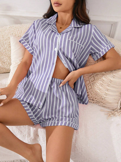 Striped Pajama Set Short Sleeve Button Top and Shorts Womens Summer Sleepwear Soft Casual Loungewear