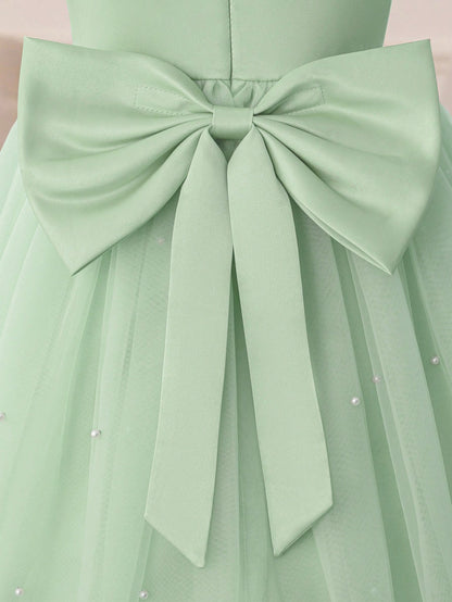 Young Girl Ruffle Trim Mesh Party Princess Dress, Suitable For Birthday Party, Valentine's Day Gift, Prom, Party, Casual Daily, Instrument Show, Stage Performance