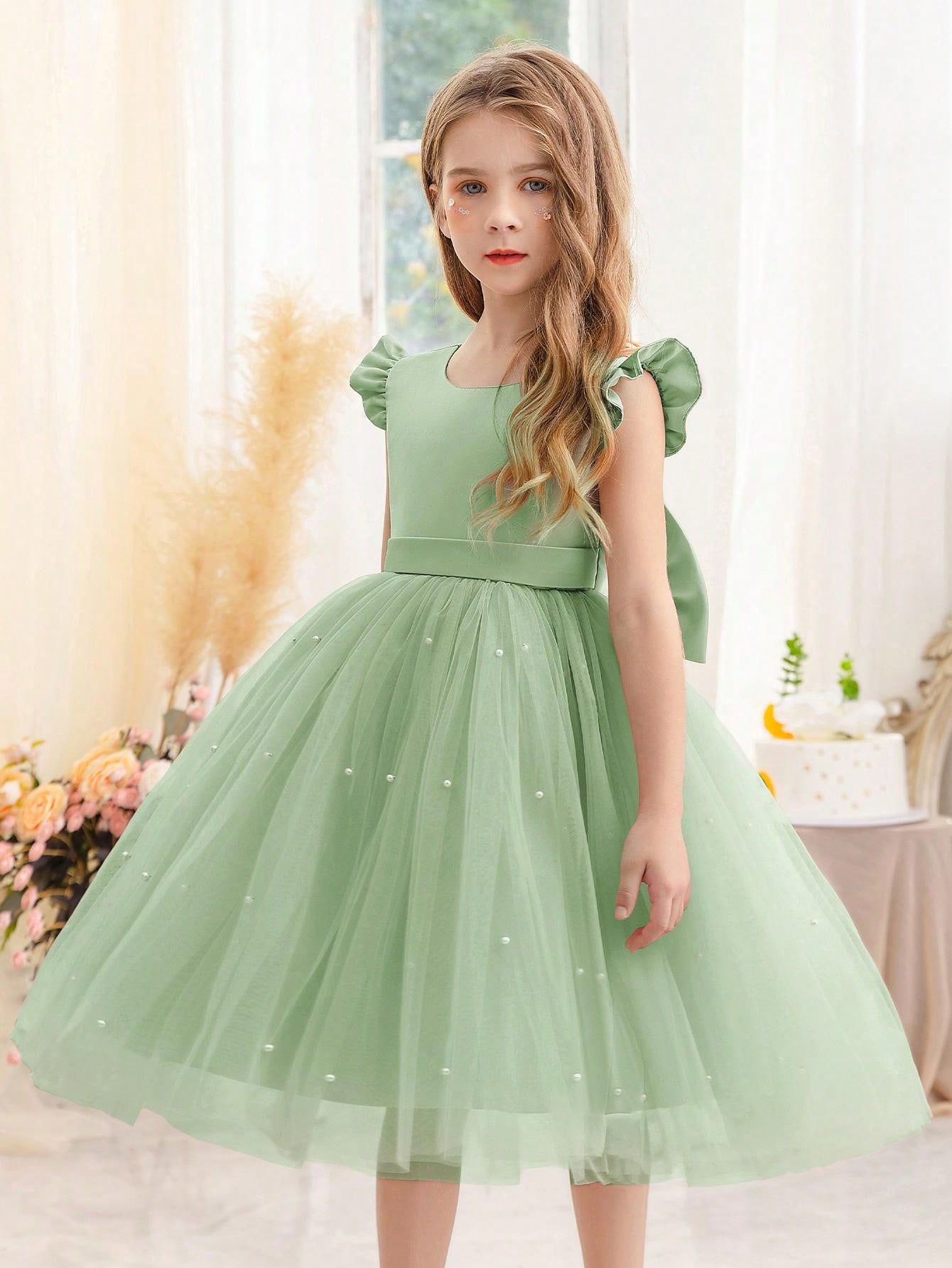 Young Girl Ruffle Trim Mesh Party Princess Dress, Suitable For Birthday Party, Valentine's Day Gift, Prom, Party, Casual Daily, Instrument Show, Stage Performance