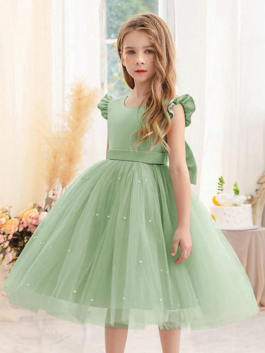 Young Girl Ruffle Trim Mesh Party Princess Dress, Suitable For Birthday Party, Valentine's Day Gift, Prom, Party, Casual Daily, Instrument Show, Stage Performance