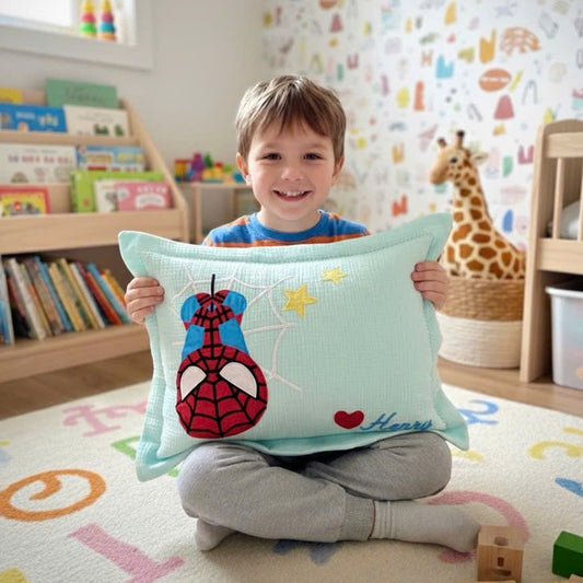 Personalized Web-Slinger Muslin Pillow | Custom Name Spider-Inspired Superhero Bedding